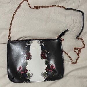 Ted Baker Black and White Floral Chain Crossbody with Rose-Gold Chain